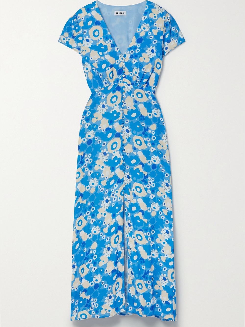 RIXO Blue and Cream Floral Maxi Dress